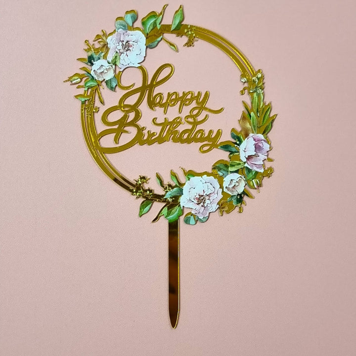 Cake Topper - Arcylic (Cartoon) - SK Homemade Cakes-Happy Birthday - Circle with flower--