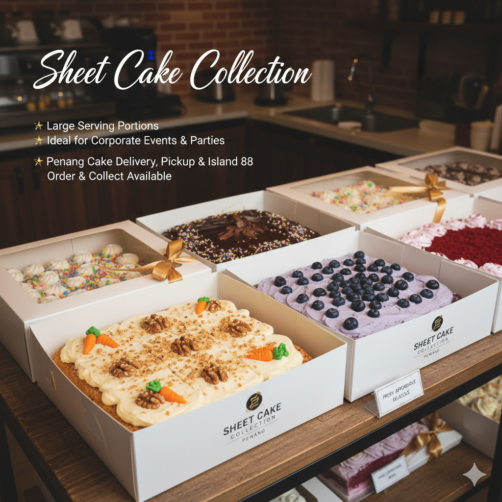 Assorted sheet cakes for corporate events in event-ready packaging.
