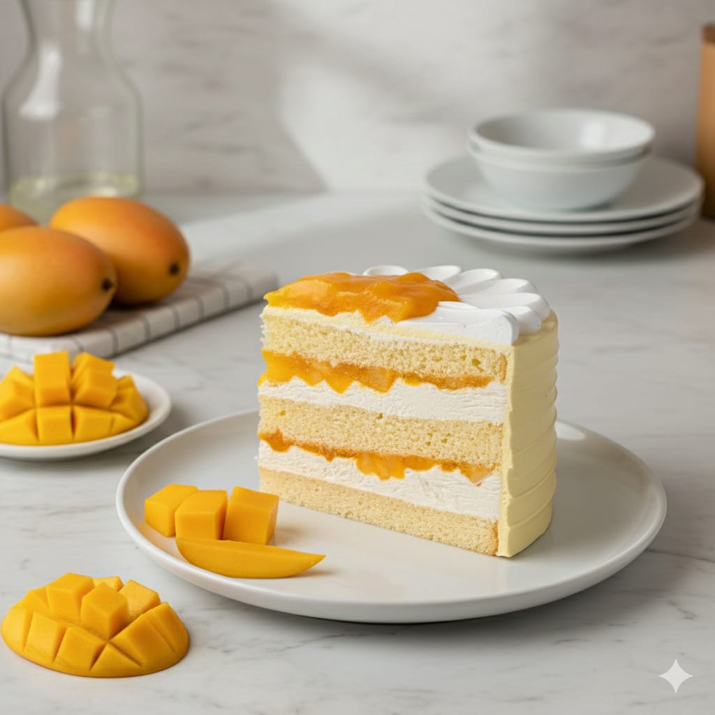 A vibrant, golden Gluten-Free and Dairy-Free Alphonso Mango Cake layered with fresh tropical fruit purée, premium baking made by Penang local bakery.