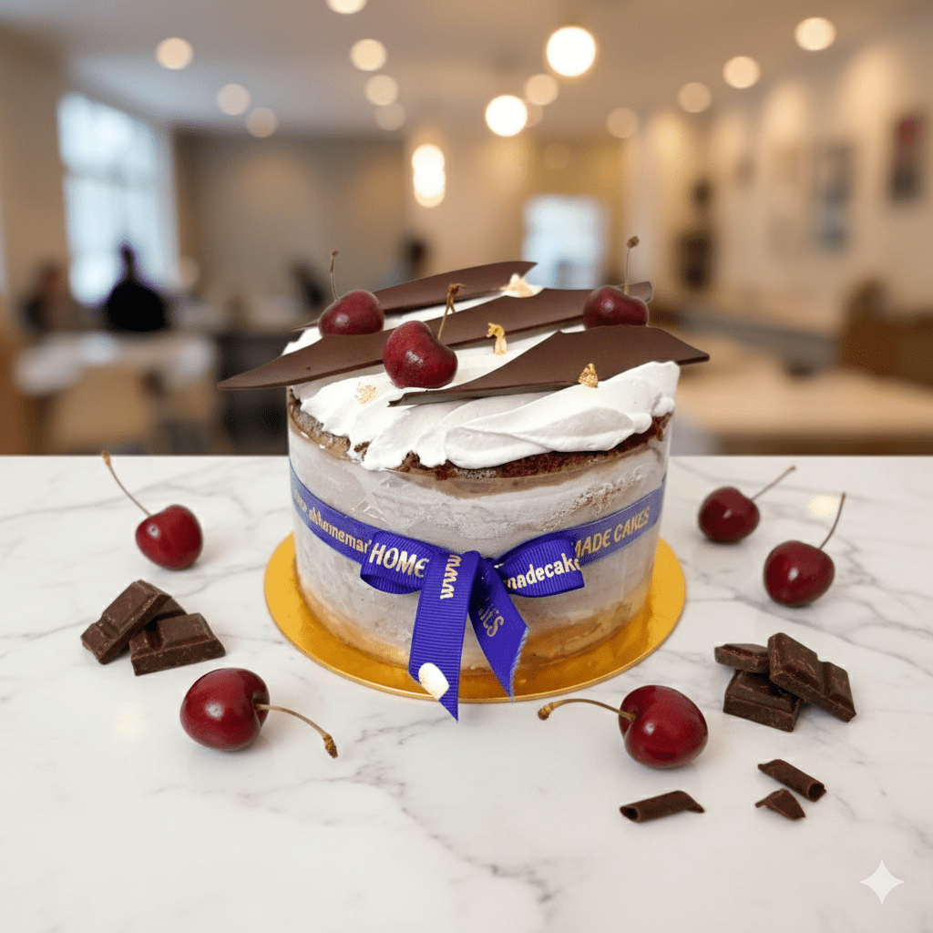 A luxury frozen Black Forest Ice Cream Cake featuring rich Valrhona chocolate cream and vibrant cherry layers on an egg-free cookie base, proudly made by Penang local bakery SK Homemade Cakes.