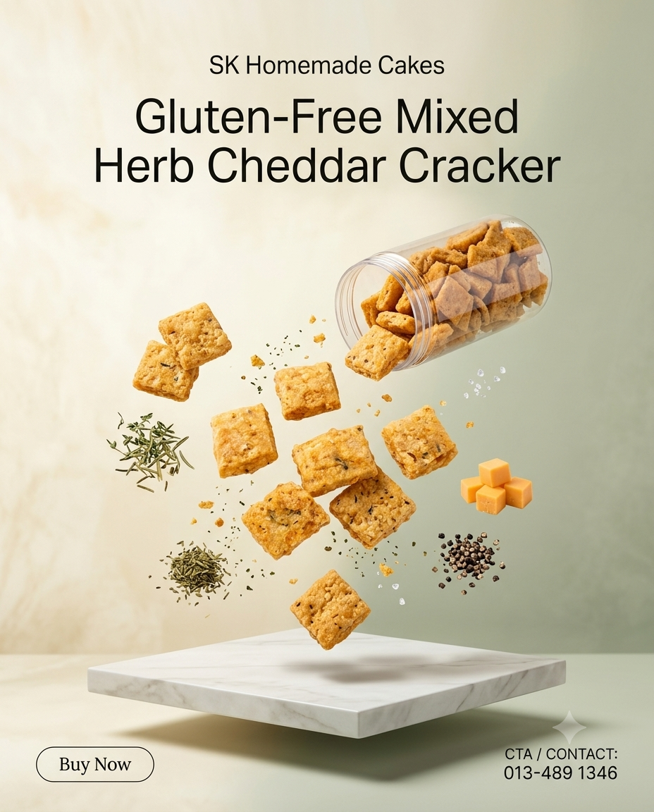 Promotional graphic for SK Homemade Cakes Gluten-Free Mixed Herb Cheddar Cracker, showing several golden-brown square crackers floating above a white marble board with a clear jar tipped over spilling more crackers. Text includes 'SK Homemade Cakes', 'Gluten-Free Mixed Herb Cheddar Cracker', 'Buy Now', and contact details on a soft beige background.