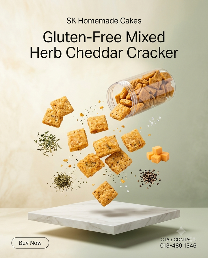 Promotional graphic for SK Homemade Cakes Gluten-Free Mixed Herb Cheddar Cracker, showing several golden-brown square crackers floating above a white marble board with a clear jar tipped over spilling more crackers. Text includes &