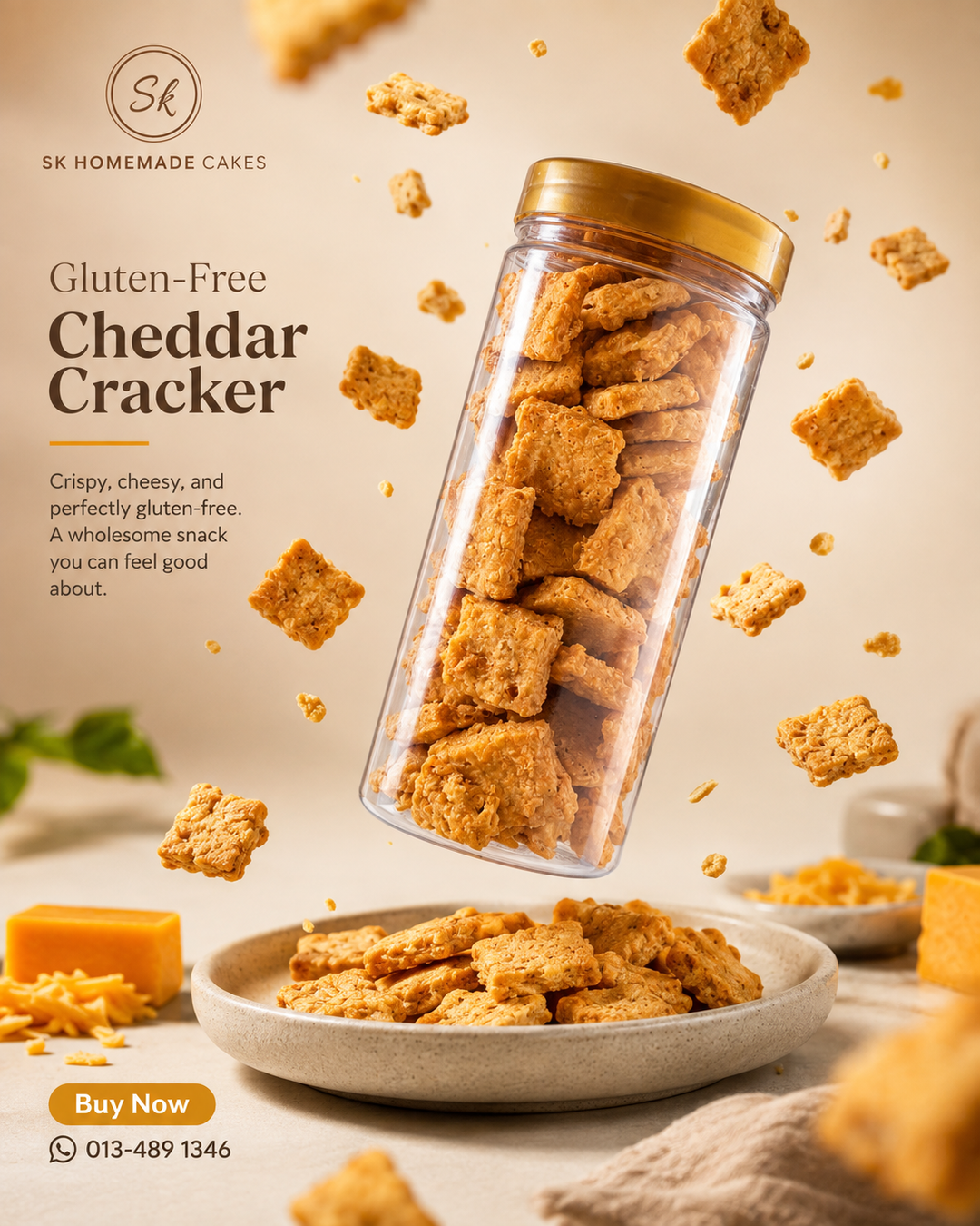 A jar of crispy Gluten-Free Cheddar Crackers made with extra-sharp cheddar by SK Homemade Cakes.