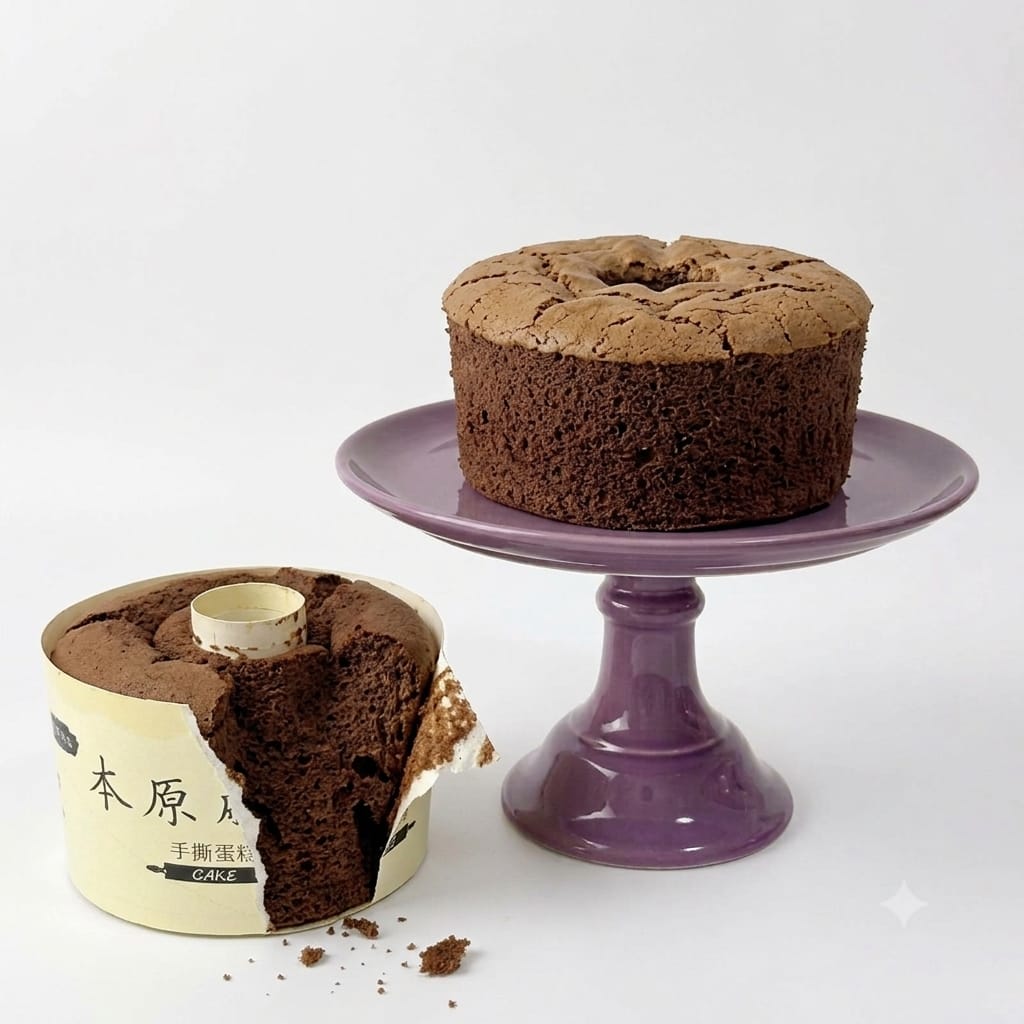 A chocolate cake shown both whole on a purple pedestal stand and partially eaten from the inside in a paper-wrapped container, on a clean white background.