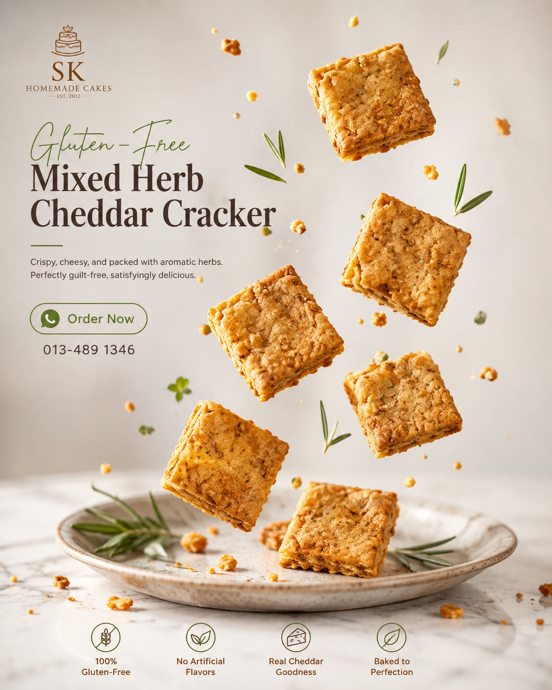 A jar of crispy Gluten-Free Mixed Herb Cheddar Crackers with herbs and extra-sharp cheddar by SK Homemade Cakes.