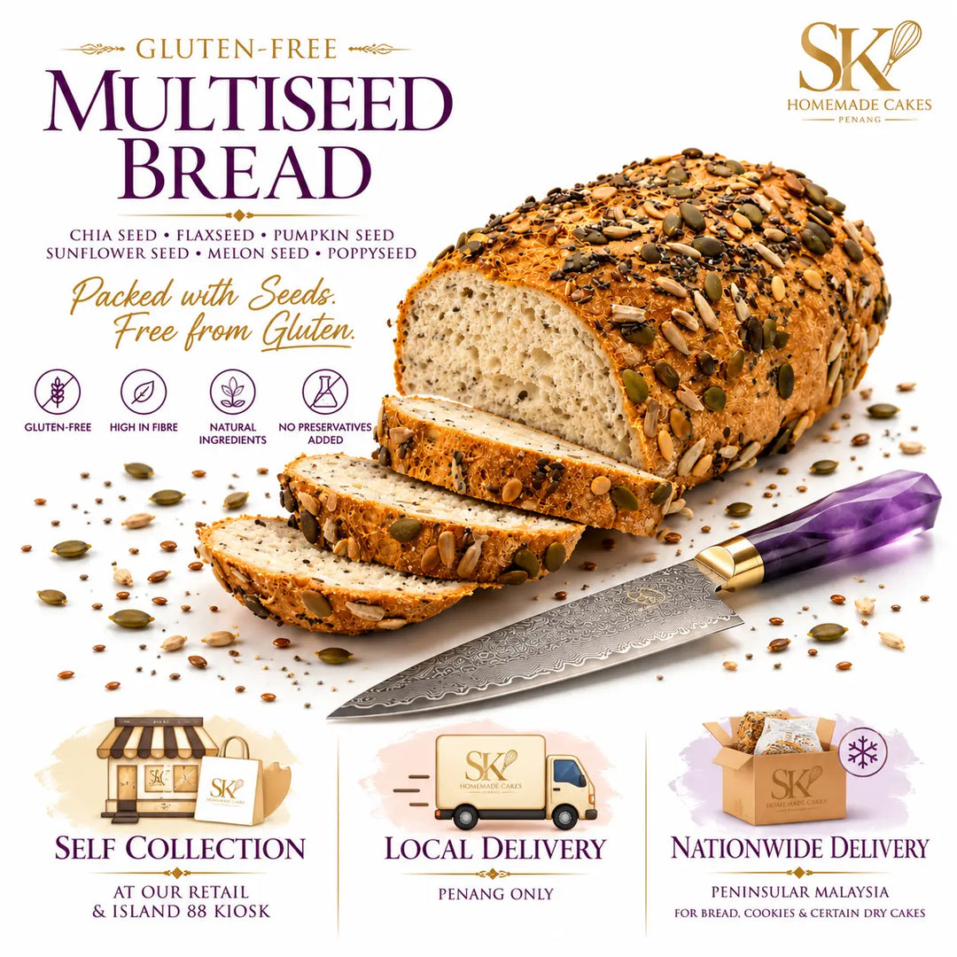 Promotional graphic for SK Homemade Cakes gluten-free multiseed bread, showing a sliced loaf of seeded bread, a knife, and three delivery/self-collection feature callouts on a white background.