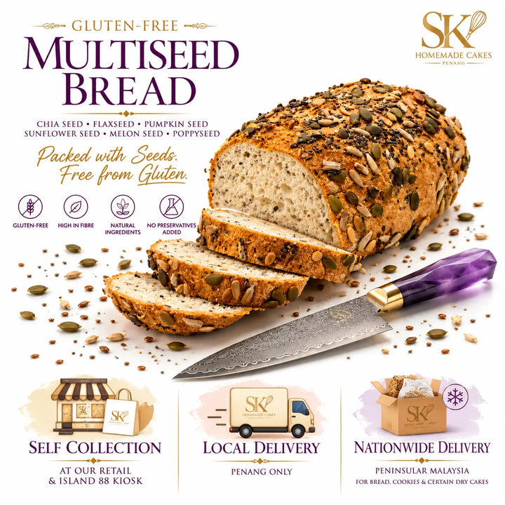 Promotional graphic for SK Homemade Cakes gluten-free multiseed bread, showing a sliced loaf of seeded bread, a knife, and three delivery/self-collection feature callouts on a white background.