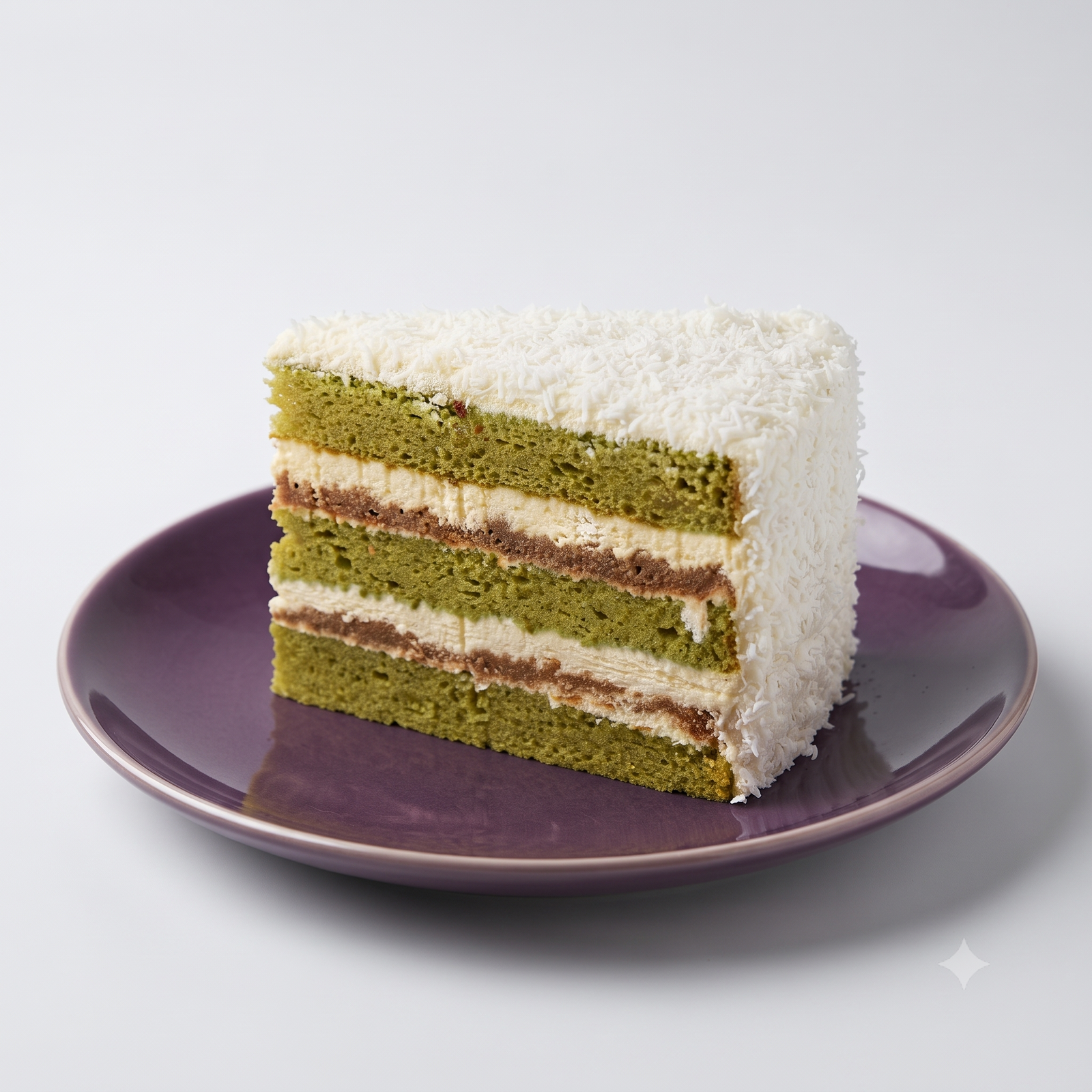 A Gluten-Free Pandan Coconut Cake slice with green sponge layers and coconut filling by SK Homemade Cakes.