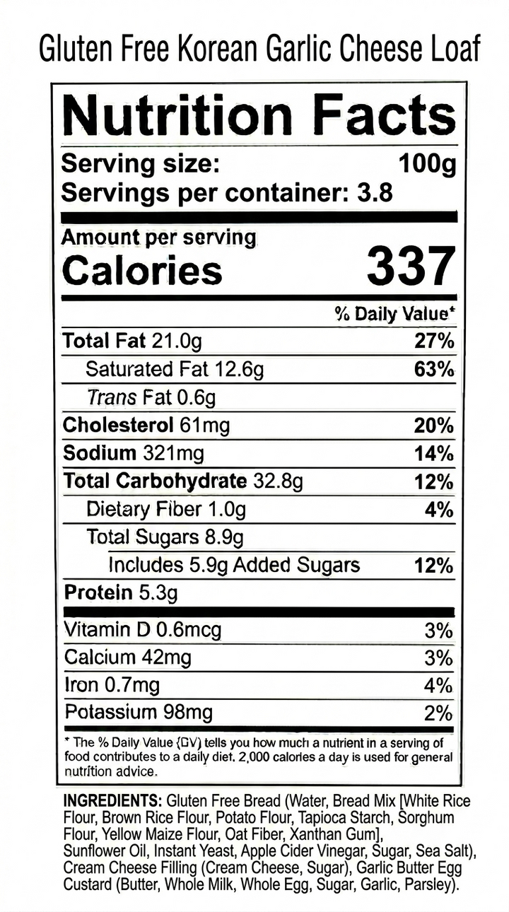 Nutrition facts label for a gluten-free Korean garlic cheese loaf.