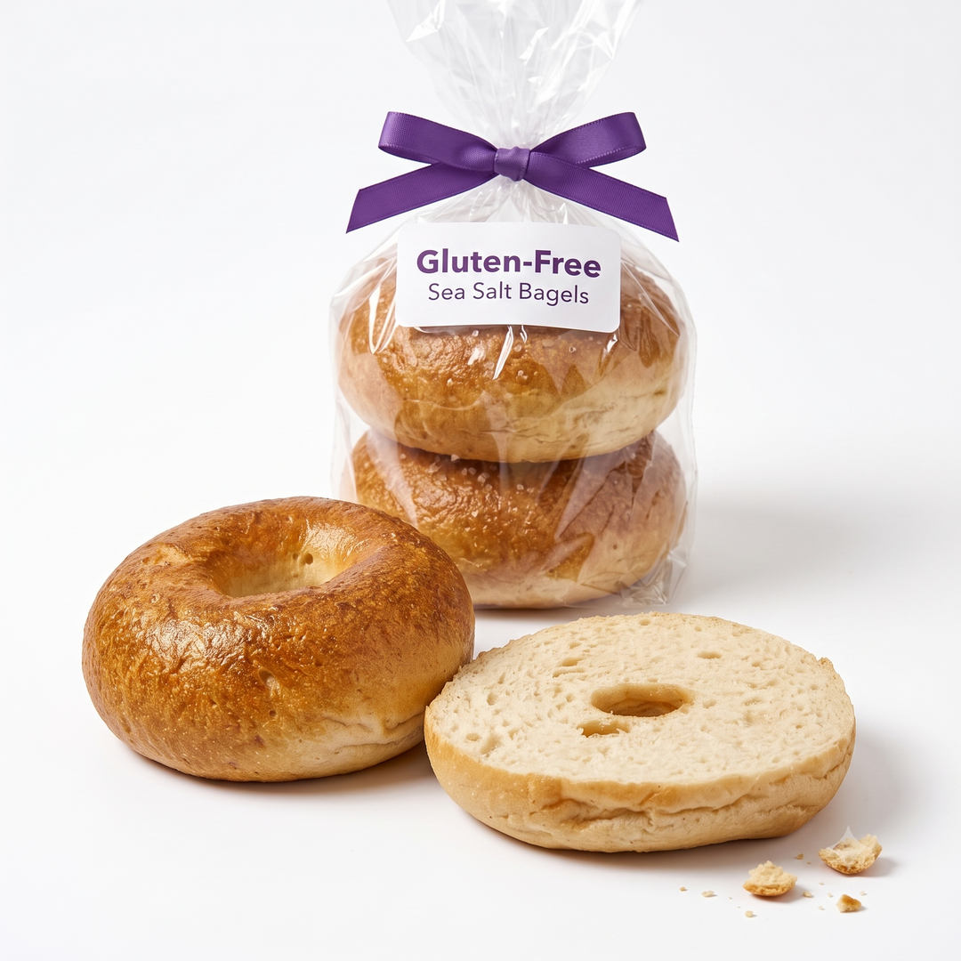 A golden-brown, glossy Gluten-Free Sea Salt Bagel encrusted with delicate flakes of Maldon smoked sea salt, sliced open and handcrafted by a made by Penang local bakery SK Homemade Cakes.
