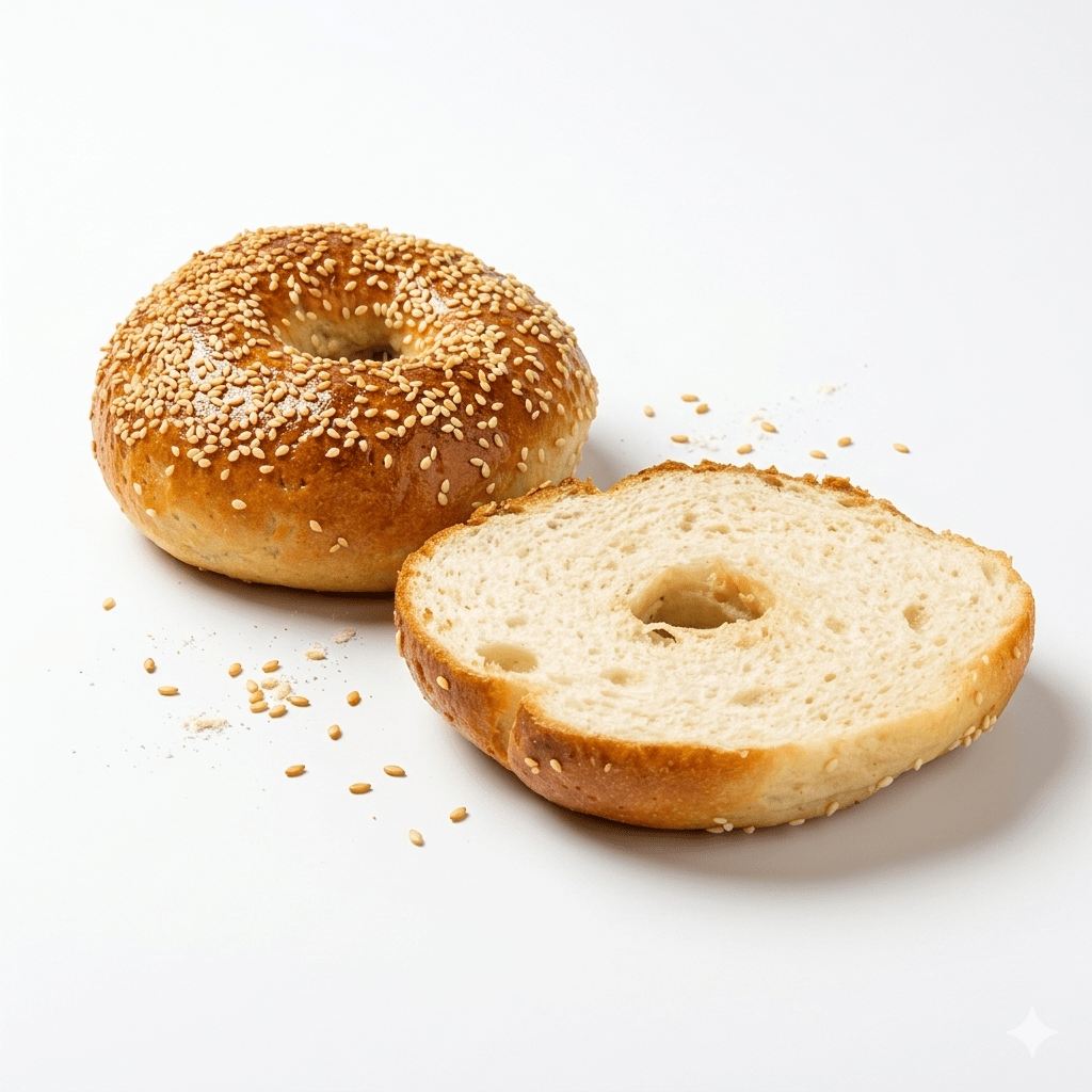 A golden-brown, glossy Gluten-Free Sesame Bagel thickly coated in toasted sesame seeds and sliced in half, handcrafted by a made by Penang local bakery.