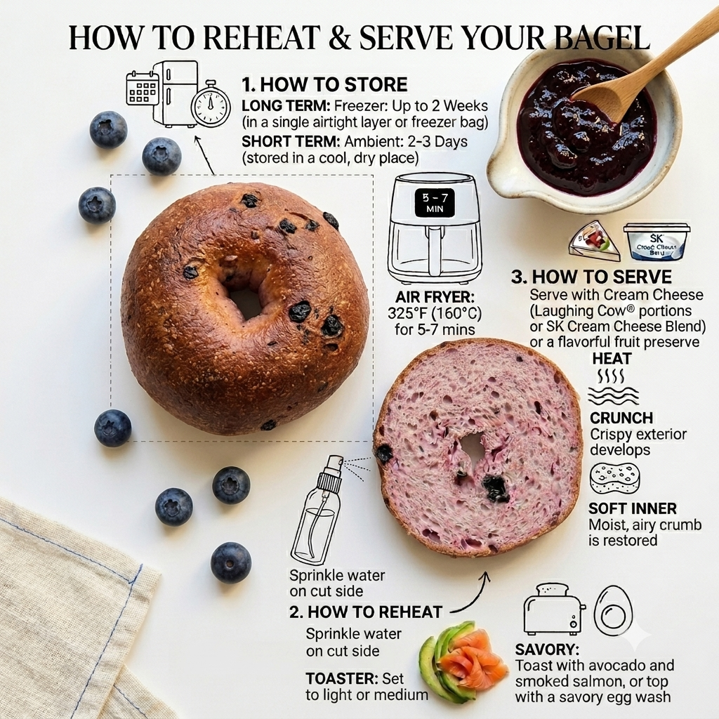 Infographic on how to store, reheat, and serve a bagel