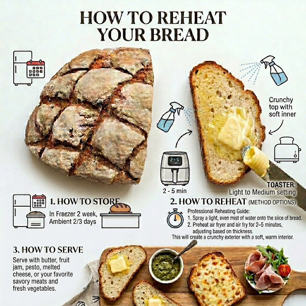 Infographic on how to store, reheat, and serve bread with illustrations and text.
