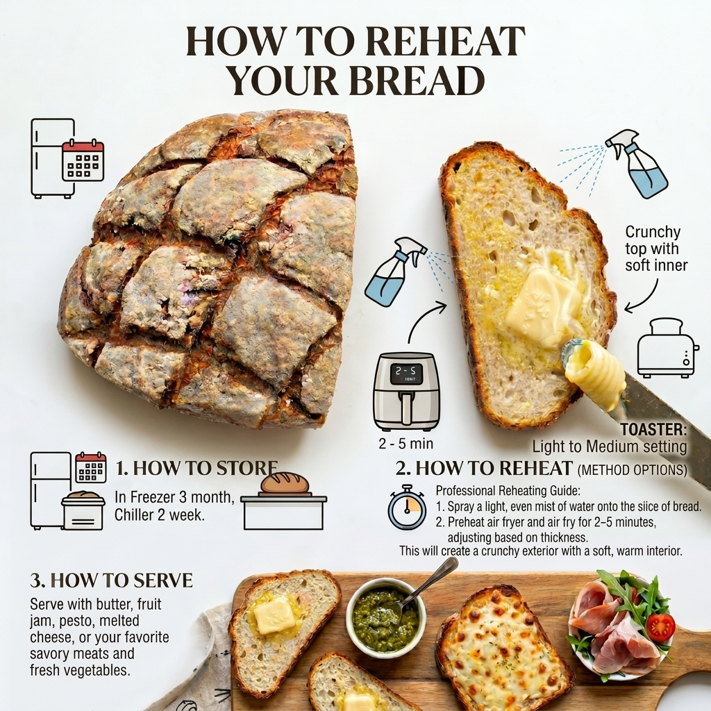 Infographic on how to store, reheat, and serve bread with illustrations and text.