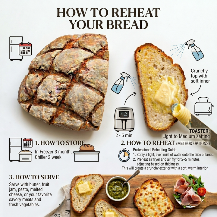 Infographic on how to store, reheat, and serve bread with illustrations and text.