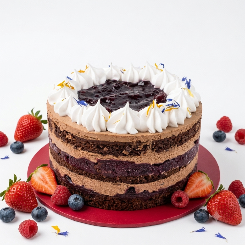 A Vegan Chocolate Mixed Berries Cake with chocolate sponge, choc cream, and fresh berries by SK Homemade Cakes.