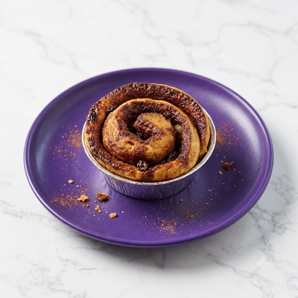  A golden-baked Vegan Gluten-Free Cinnamon Roll with visible swirls of caramelized brown sugar, cinnamon, and black raisins, handcrafted by a made by Penang local bakery SK Homemade Cakes.