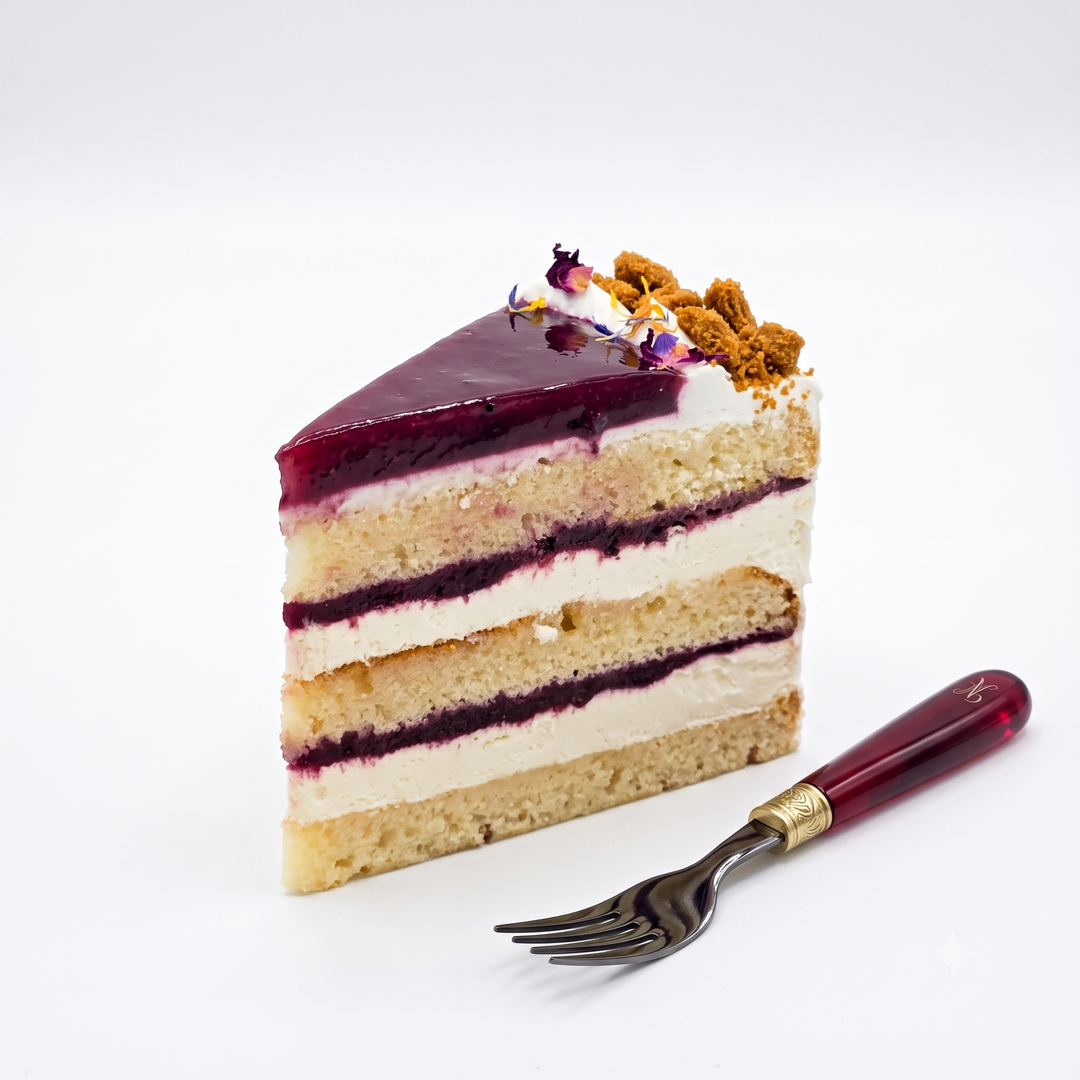 A Vegan Mixed Berry Cake slice with vanilla sponge, plant cream, and mixed berries by SK Homemade Cakes.