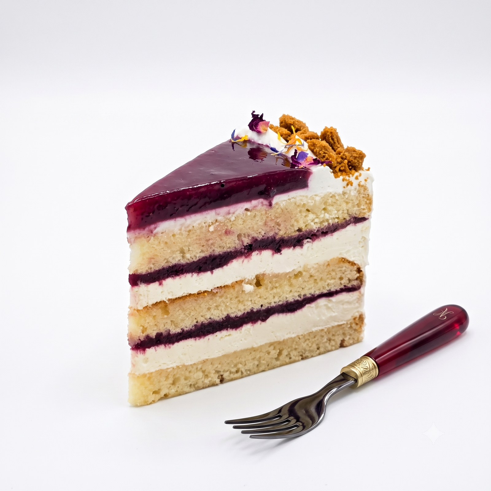 A Vegan Mixed Berry Cake slice with vanilla sponge, plant cream, and mixed berries by SK Homemade Cakes.