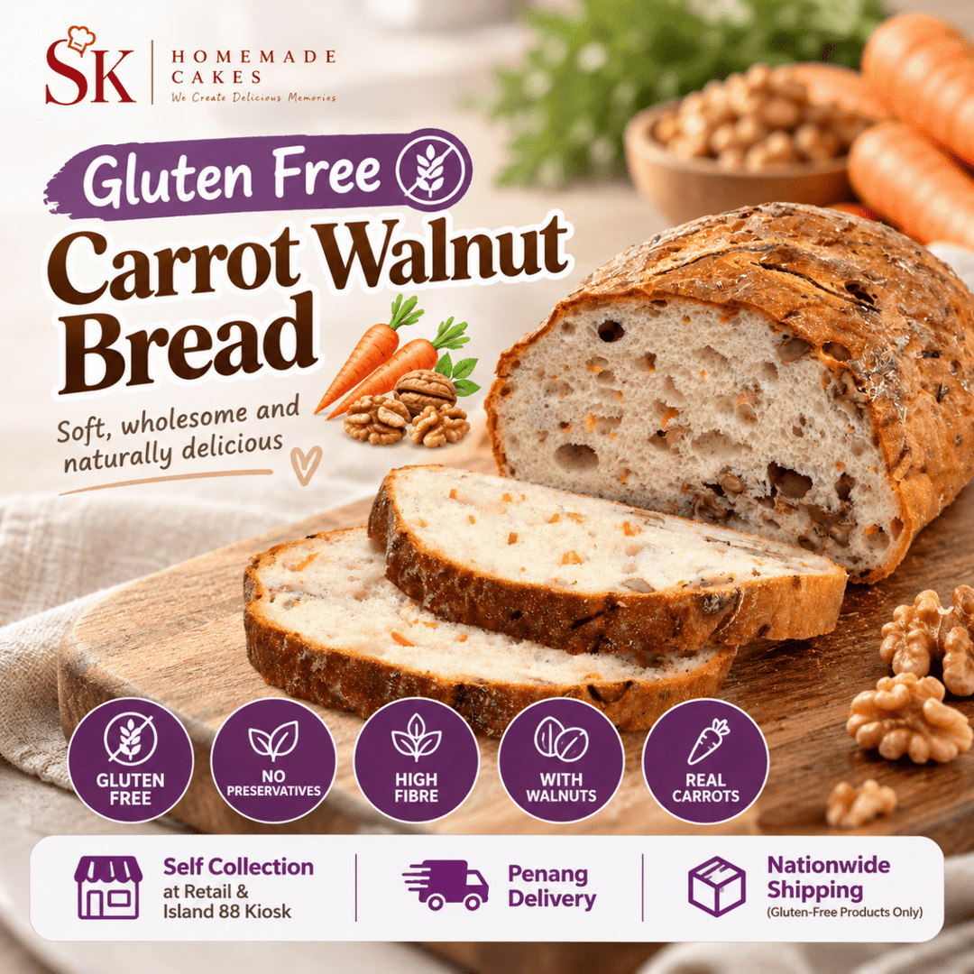 Soft wheat-free carrot bread with walnuts available as ready stock.