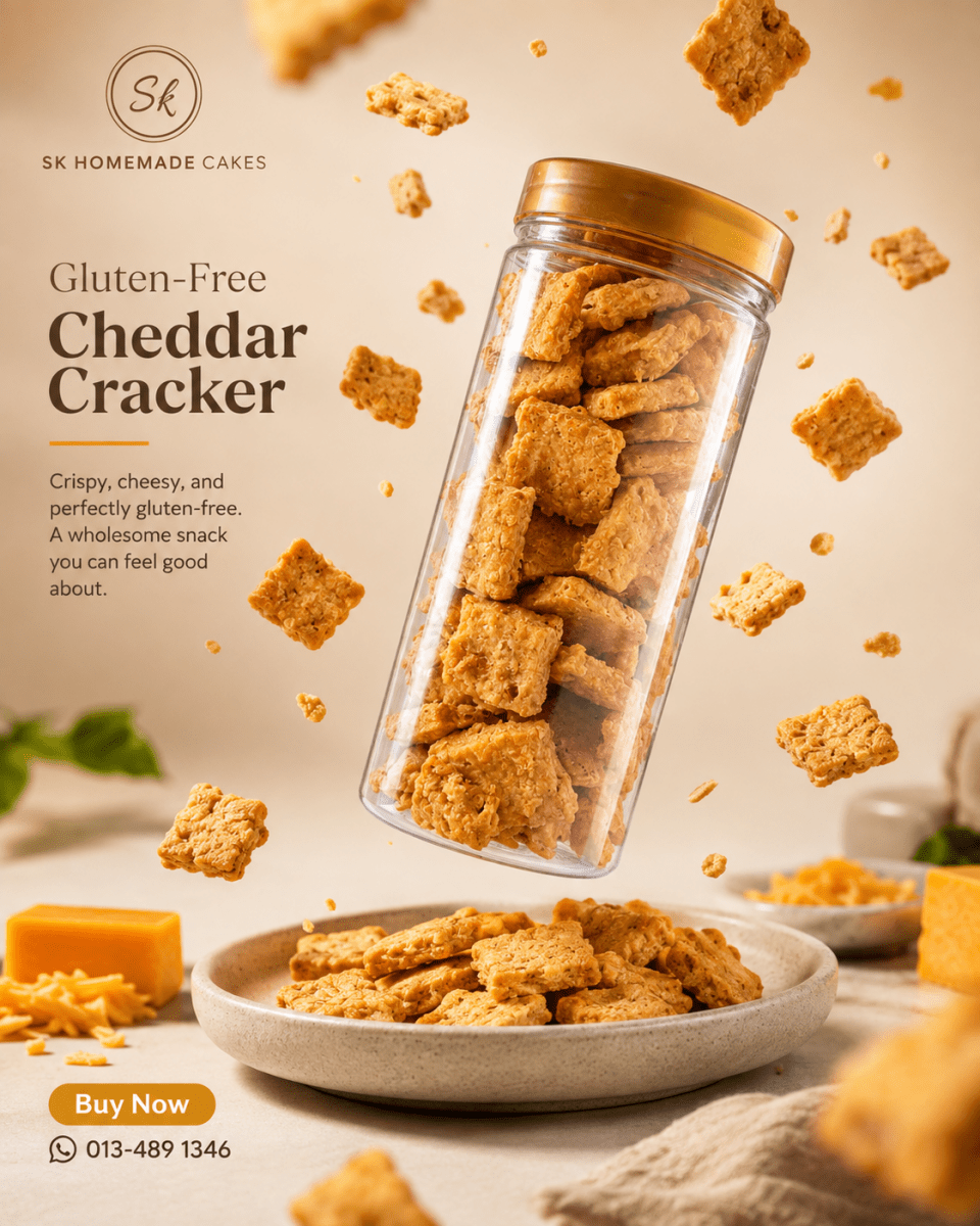A jar of crispy Gluten-Free Cheddar Crackers made with extra-sharp cheddar by SK Homemade Cakes.