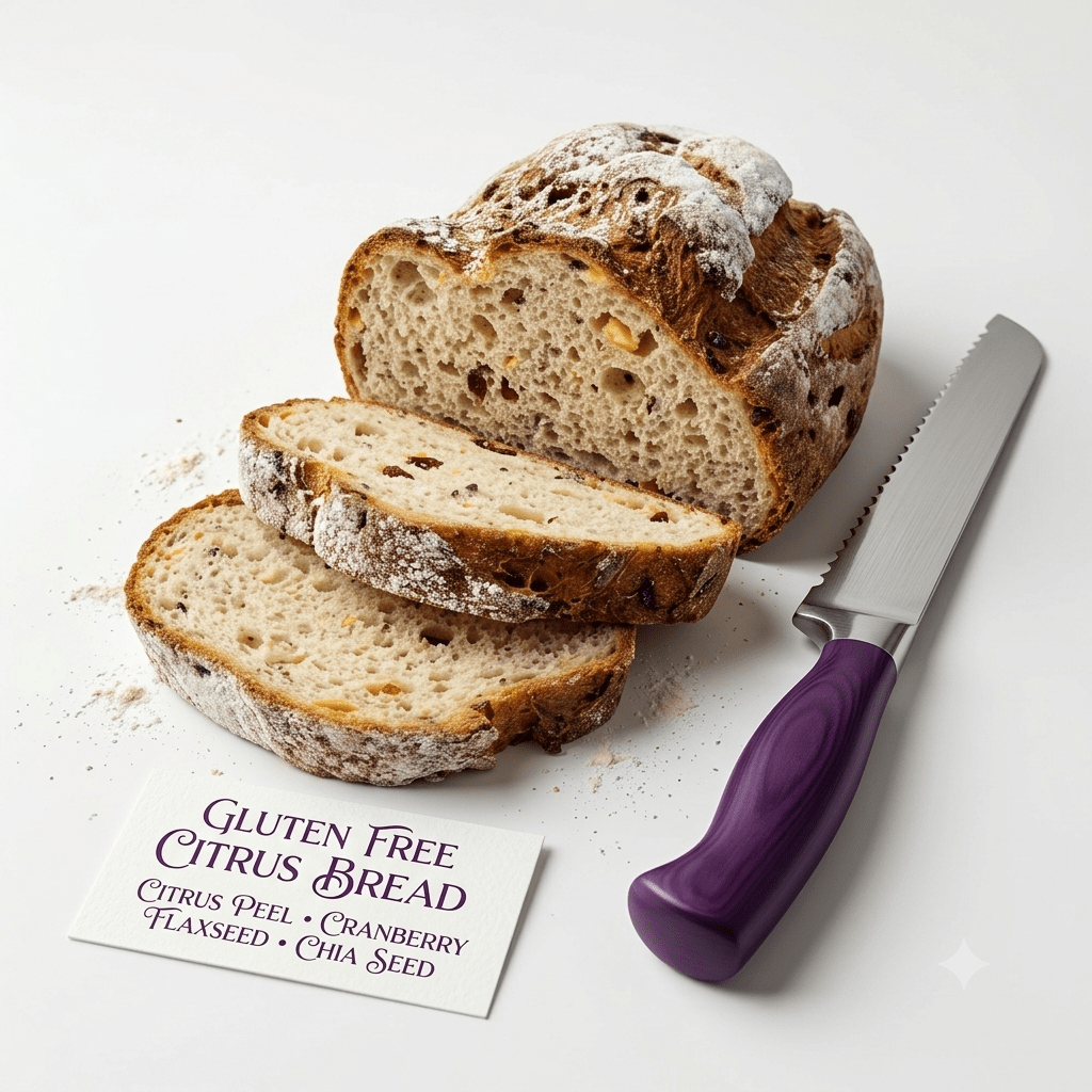 A sliced Gluten-Free Citrus Sandwich Loaf with orange peel and seeds by SK Homemade Cakes.
