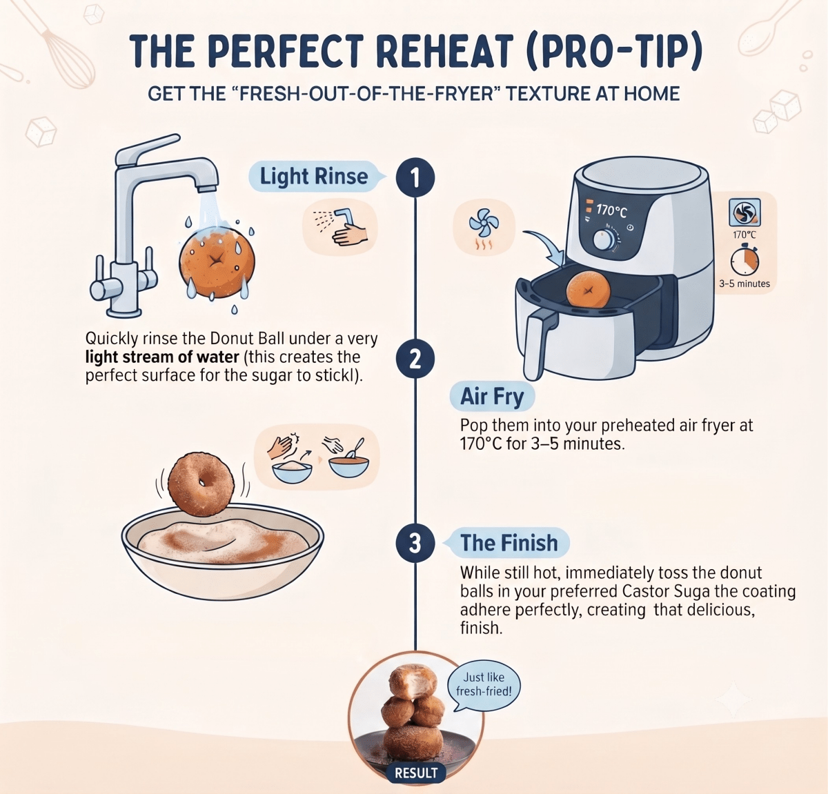 An illustrated infographic titled 'THE PERFECT REHEAT (PRO-TIP)' explains how to reheat a donut ball for sugar coating. It shows three numbered steps: a light rinse under a faucet, air frying in an air fryer, and the finished coated donut ball in a bowl.