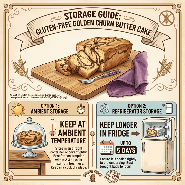 An illustrated storage guide poster for gluten-free golden churn butter cake, showing a loaf of cake on a cutting board with sliced pieces, plus text and diagrams for ambient storage and refrigerator storage options.