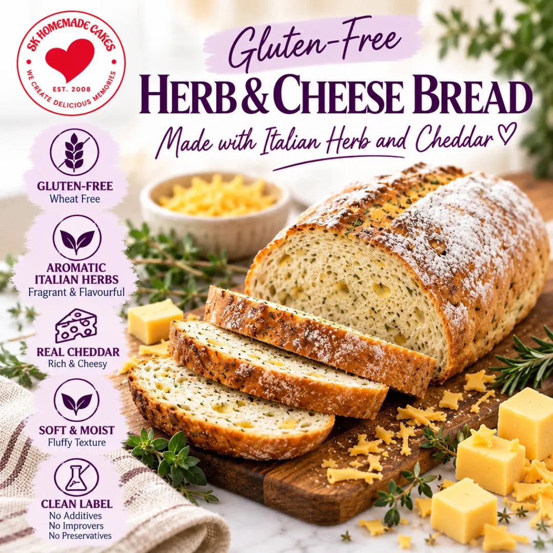 A loaf of gluten-free herb and cheddar bread with several slices cut, displayed on a wooden board with cheese cubes, herbs, and a bowl of shredded cheddar. The image includes marketing text and a circular logo for &