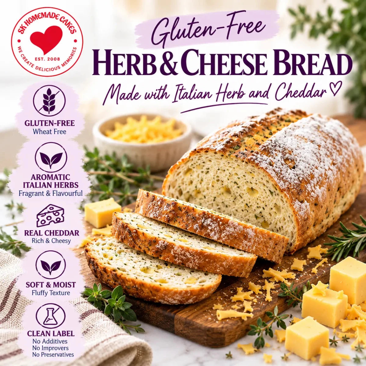 A loaf of gluten-free herb and cheddar bread with several slices cut, displayed on a wooden board with cheese cubes, herbs, and a bowl of shredded cheddar. The image includes marketing text and a circular logo for 'Six Homemade Cakes'.