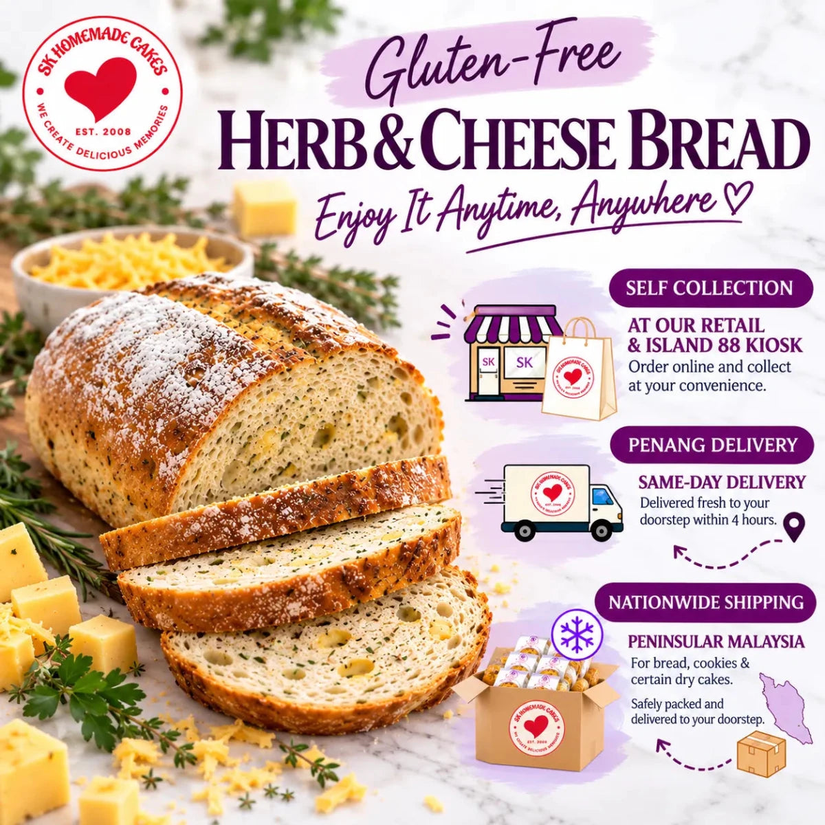Promotional graphic for SK Homemade Cakes gluten-free herb and cheese bread, showing sliced golden-brown artisan bread with cheese cubes, parsley, and yellow cheese on a white surface. Text highlights gluten-free, herb and cheese flavor, and delivery options including self collection at Island 88 Kiosk, Penang delivery, nationwide shipping, and peninsular Malaysia delivery.