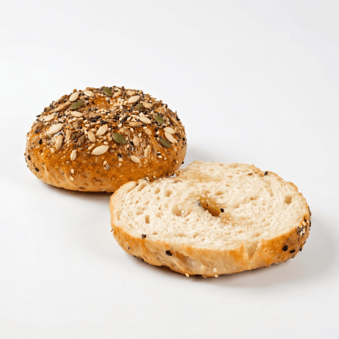 Gluten-Free Mixed Seed Bagels with sunflower, melon and green pumpkin seeds, with sliced bagel – SK Homemade Cakes Penang