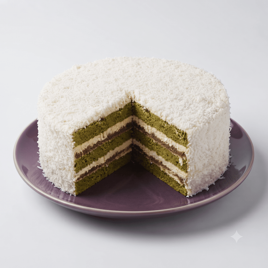 A Gluten-Free Ondeh Ondeh Cake featuring pandan chiffon, Gula Melaka coconut, and vanilla cream by SK Homemade Cakes.