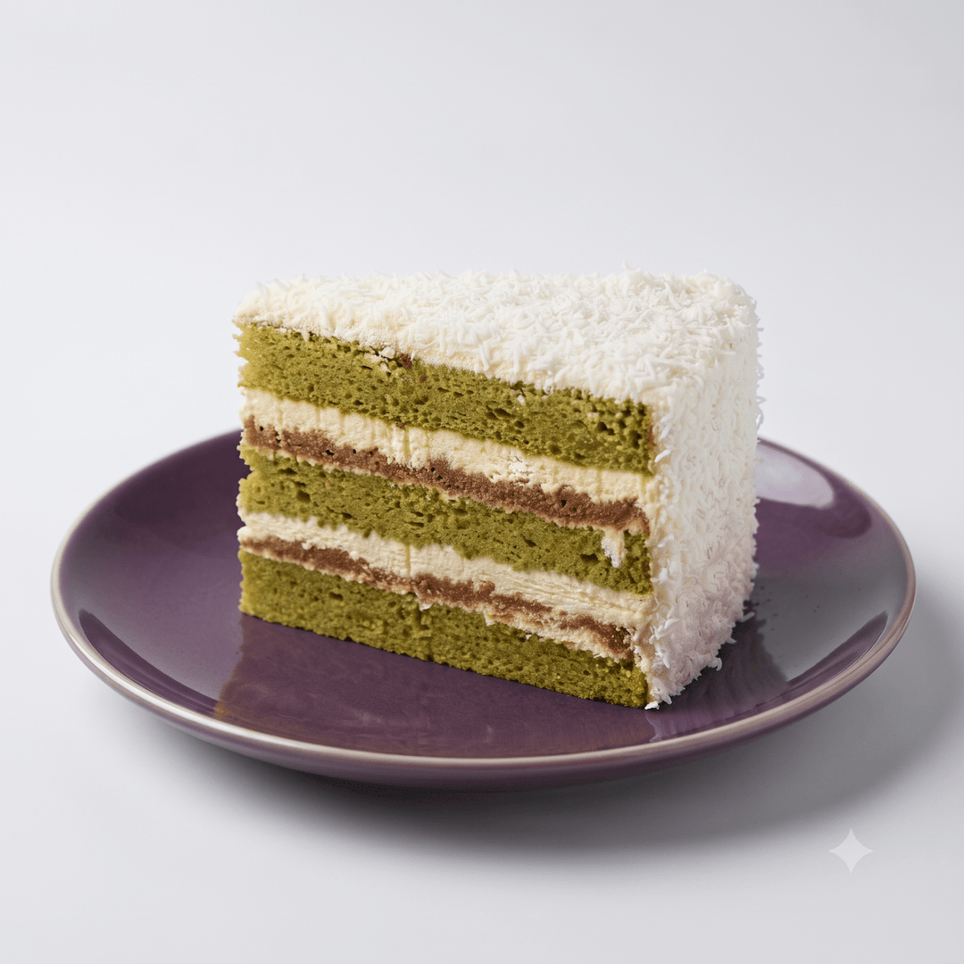 A Gluten-Free Pandan Coconut Cake slice with green sponge layers and coconut filling by SK Homemade Cakes.