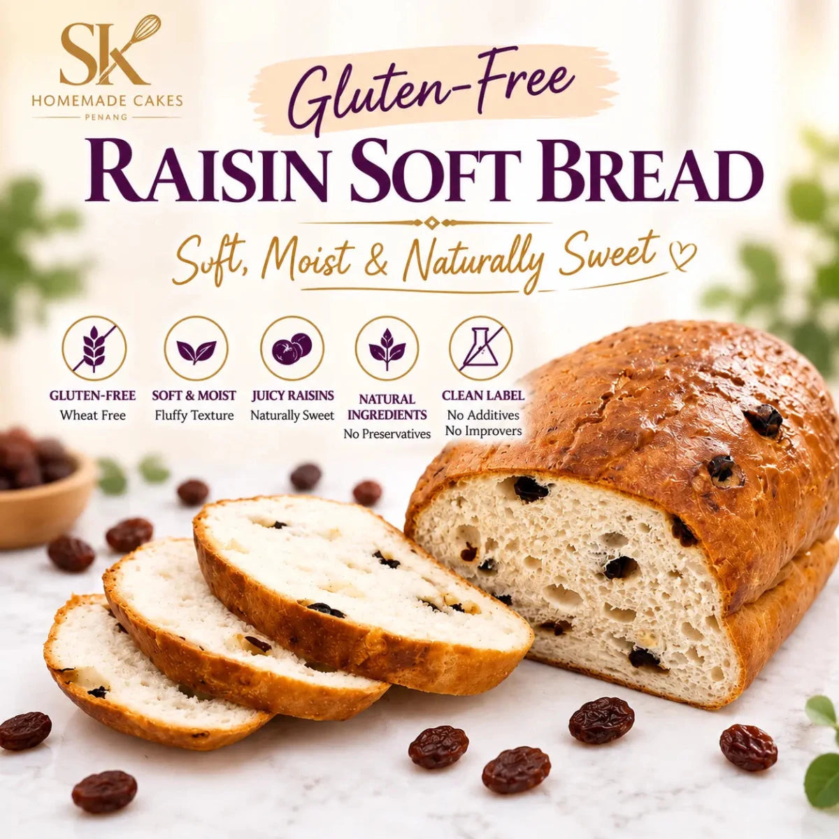 Gluten-Free Raisin Soft Bread with a soft crumb and sweet raisins.