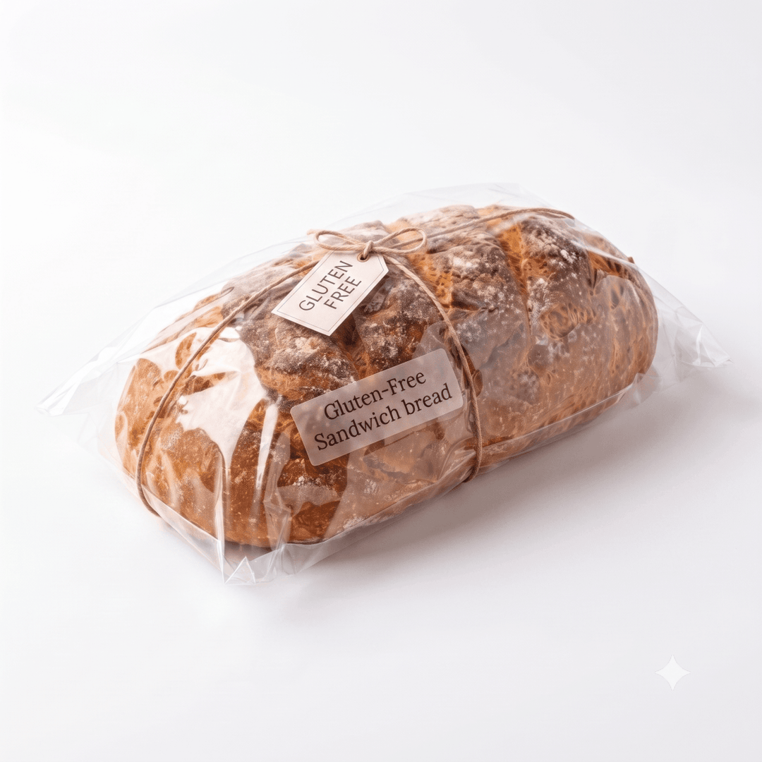 A loaf of gluten-free sandwich bread wrapped in clear plastic packaging and tied with a string, featuring labels that read &