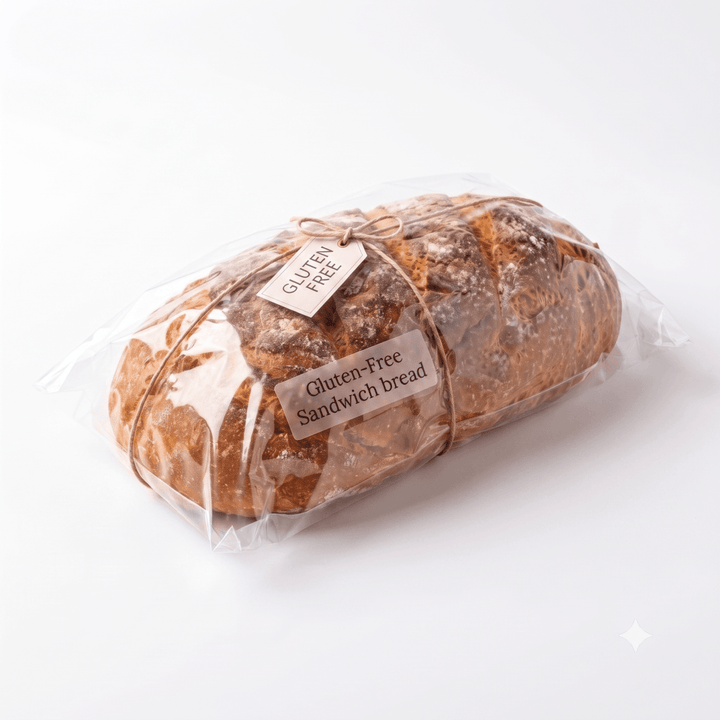 A loaf of gluten-free sandwich bread wrapped in clear plastic packaging and tied with a string, featuring labels that read &