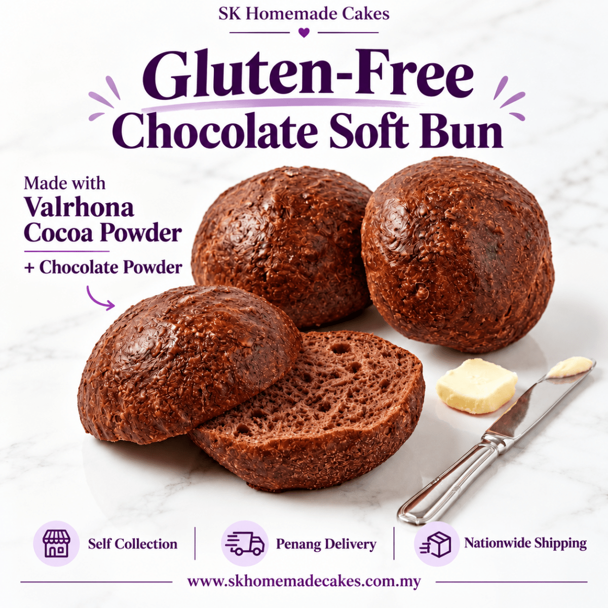 Promotional product image for SK Homemade Cakes' Gluten-Free Chocolate Soft Bun. The image shows several dark brown chocolate soft buns on a white marble background, with one bun sliced open to show the crumb texture.