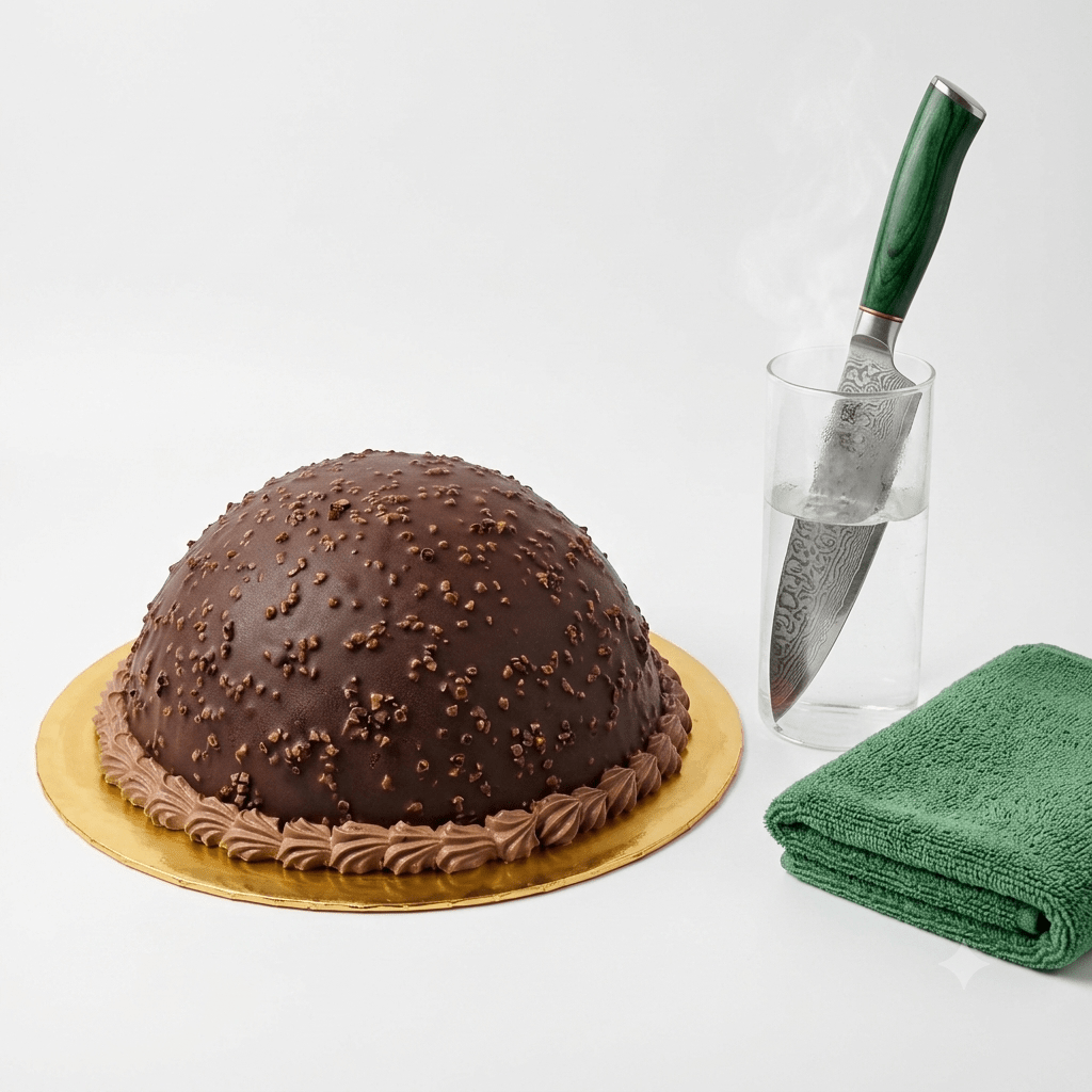 A semi-round Hazelnut Ferrero Ice Cream Cake v2 with chocolate and almond coating by SK Homemade Cakes.