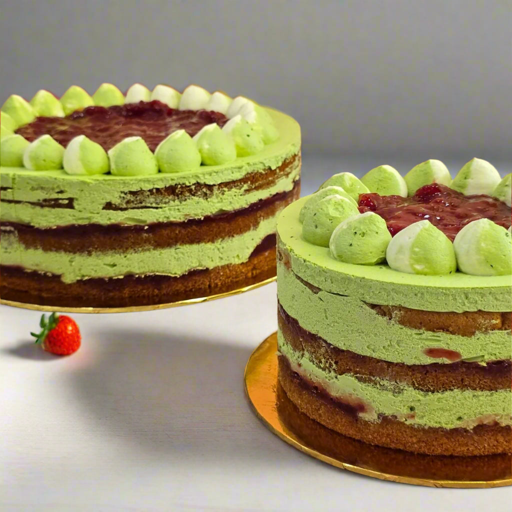  A Keto Matcha Strawberry Cake with matcha layers and strawberry filling by SK Homemade Cakes.