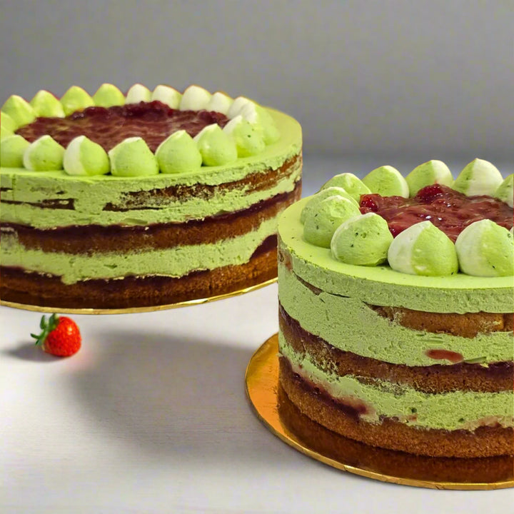  A Keto Matcha Strawberry Cake with matcha layers and strawberry filling by SK Homemade Cakes.
