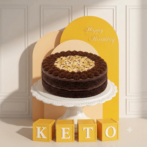 A chocolate cake with nut topping sits on a white pedestal in front of a yellow arch backdrop with the words 'Happy Birthday.' Four yellow blocks at the bottom spell KETO.