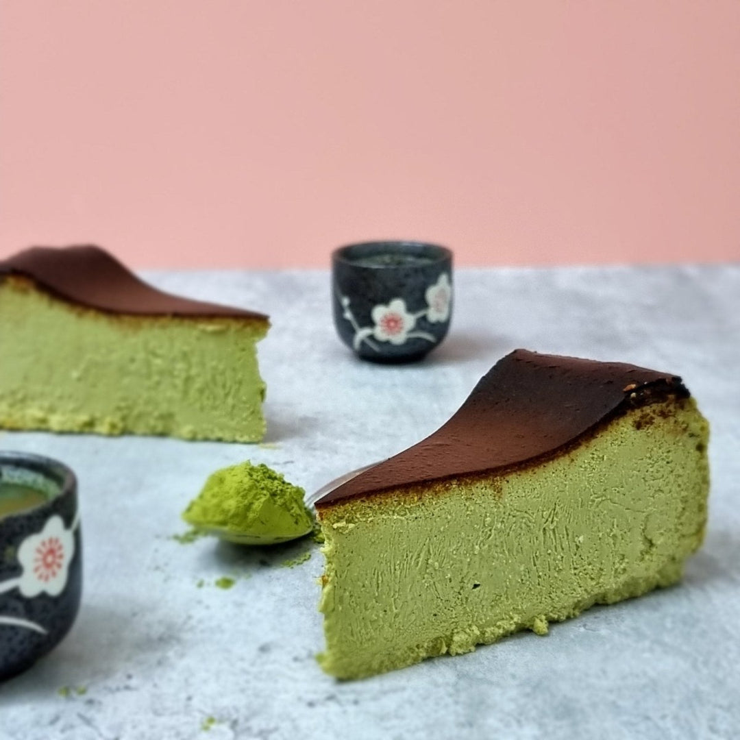 A slice of rich green Keto Ajisai Matcha Burnt Cheesecake with a caramelized top, handcrafted and made by Penang local bakery.