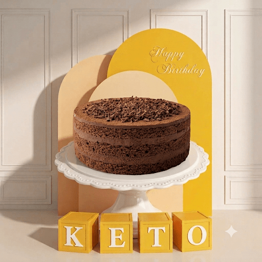A chocolate cake on a white pedestal stand, set against a yellow and beige arch backdrop with 'Happy Birthday' written on a yellow sign. Four yellow blocks at the bottom spell 'KETO'.