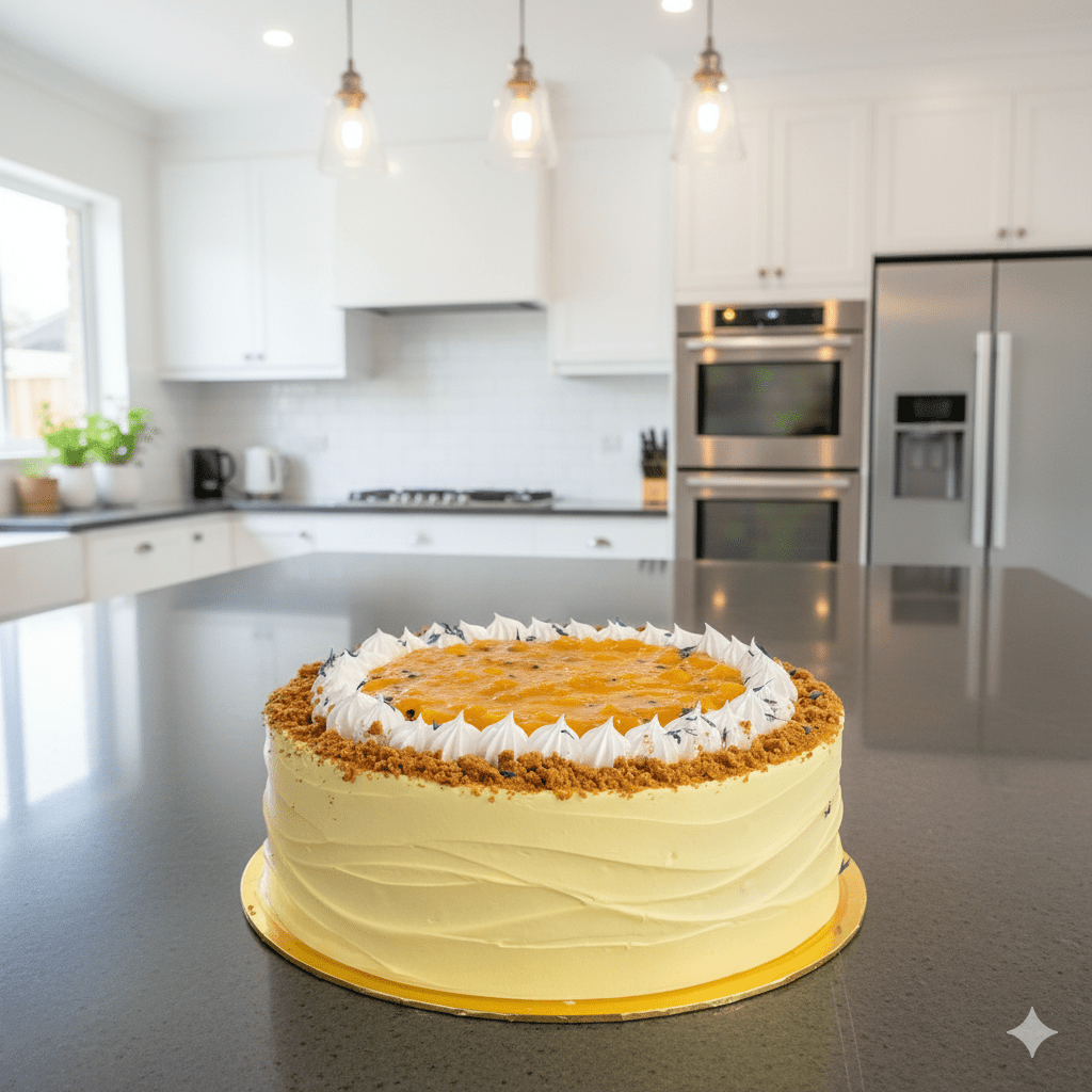 Gluten-free mango passion fruit cake with tropical fruit layers and smooth cream.