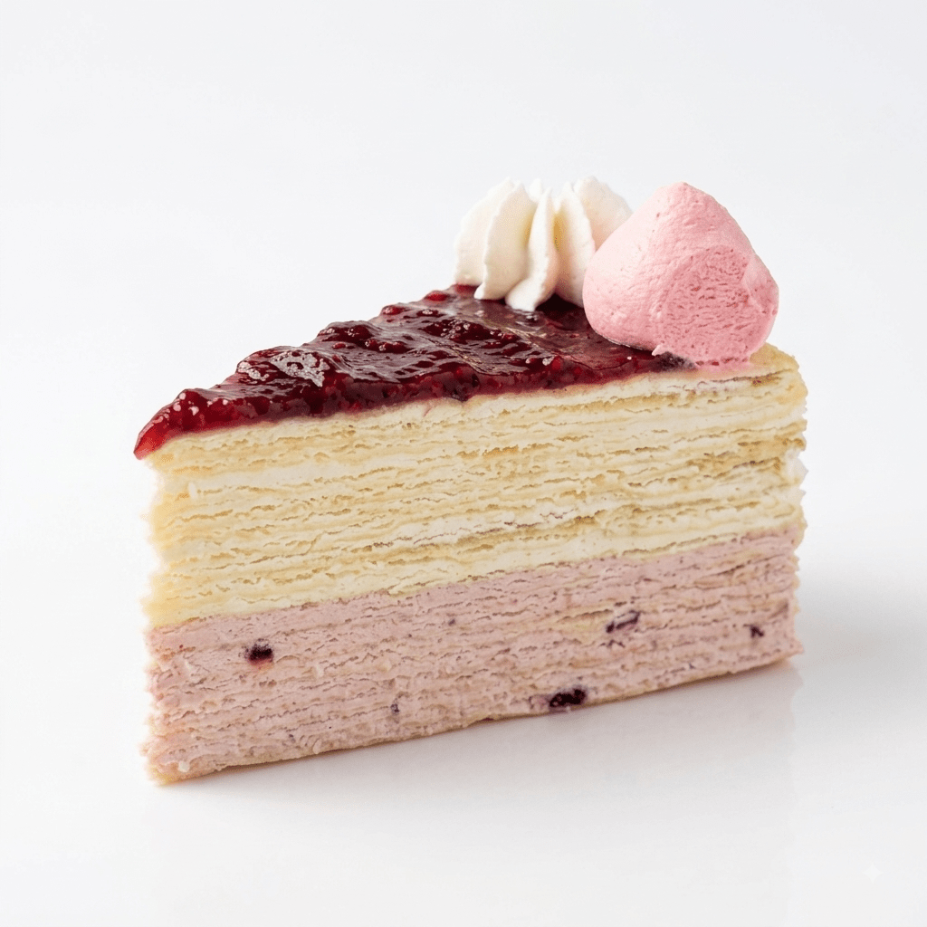 A Raspberry Plum Mille Crepe slice with delicate layers and raspberry topping by SK Homemade Cakes.