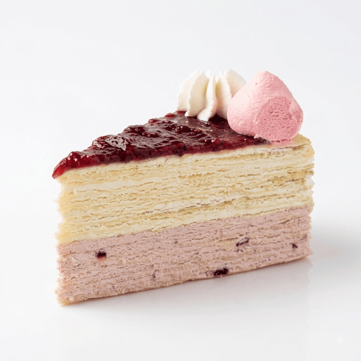 A Raspberry Plum Mille Crepe slice with delicate layers and raspberry topping by SK Homemade Cakes.