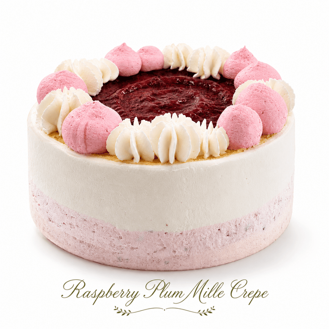 A Raspberry Plum Mille Crepe with delicate layers and raspberry topping by SK Homemade Cakes.