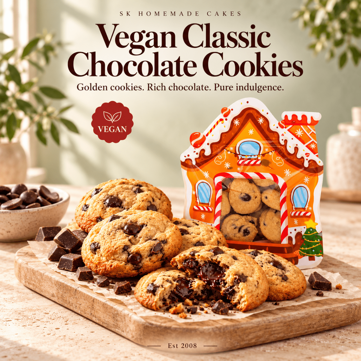 Vegan Classic Chocolate Cookies made with 70% dark chocolate and Beleaf PlantBetter Butter.