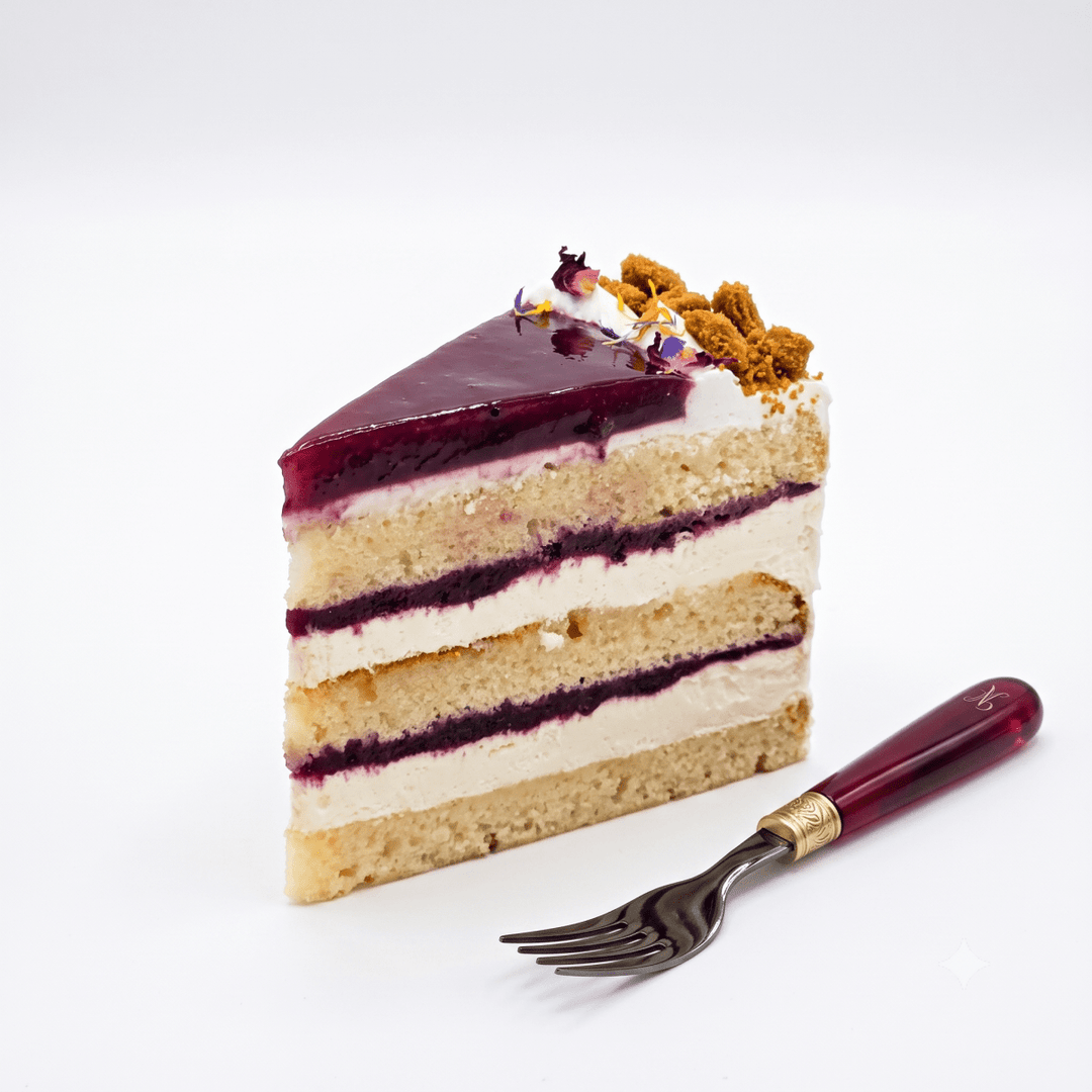 A Vegan Mixed Berry Cake slice with vanilla sponge, plant cream, and mixed berries by SK Homemade Cakes.